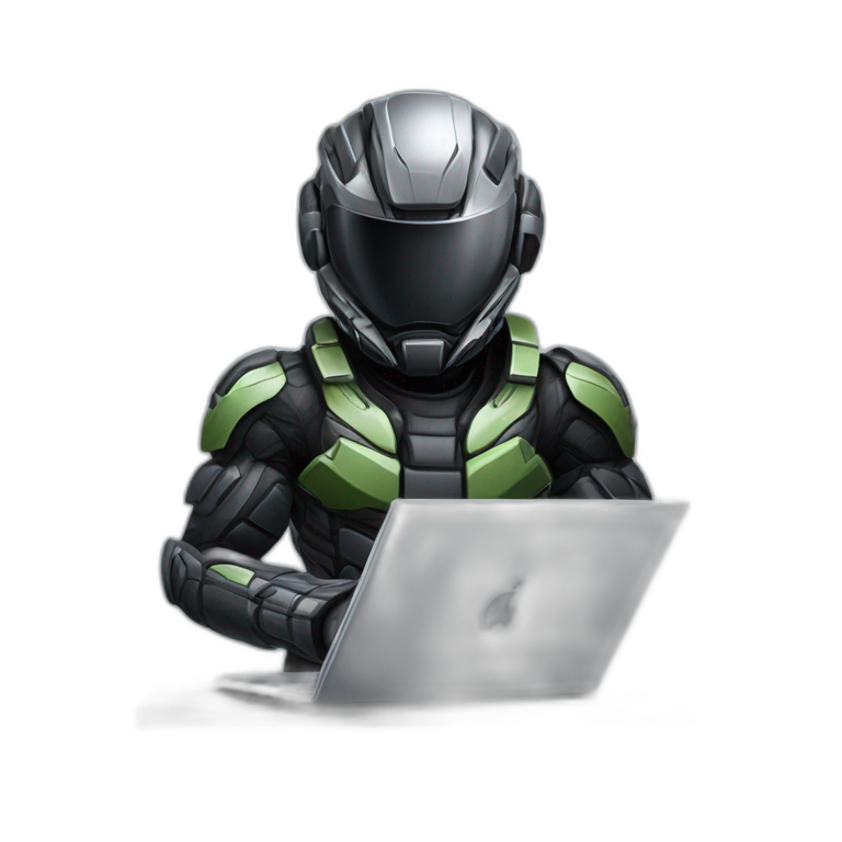 developer behind his laptop with this style : Crytek Crysis Video game with nanosuit hacker themed character emoji