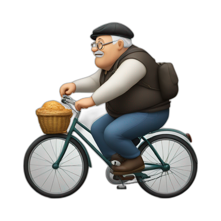 fat grandpa with a grandfather's beret on his head. riding an old bicycle. with a tired face. emoji