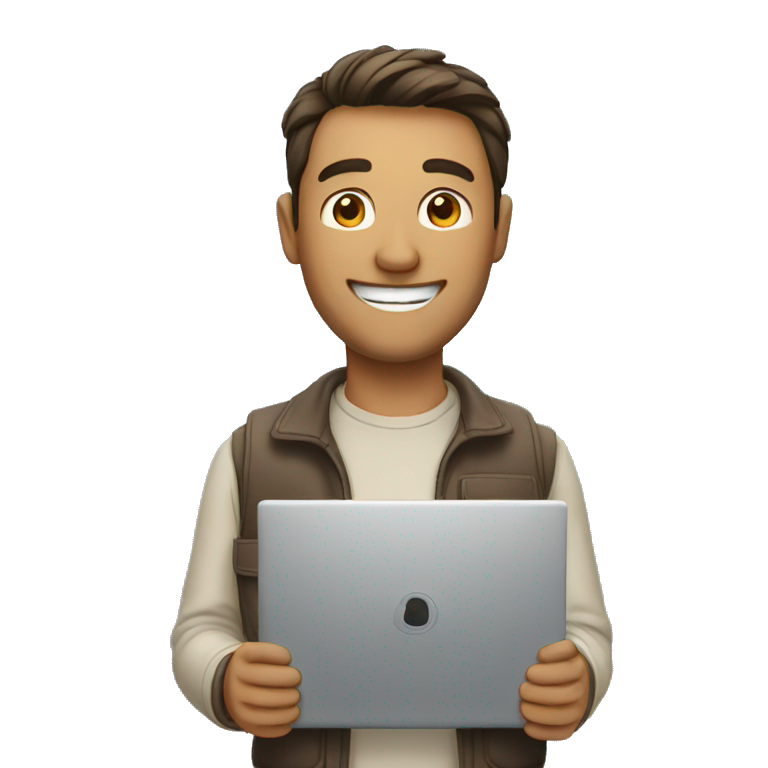 a man with a warm, friendly smile holding a laptop emoji