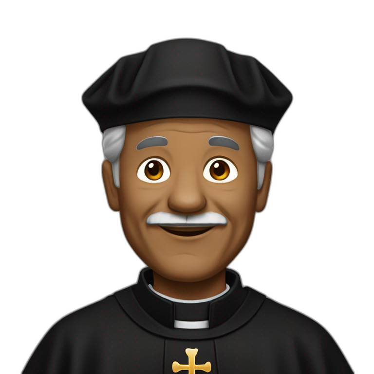 An older Don Bosco as a brown man in a black priest suit using a biretta emoji