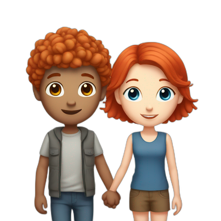 Blue eyed short haired boy and red haired girl holding hands emoji