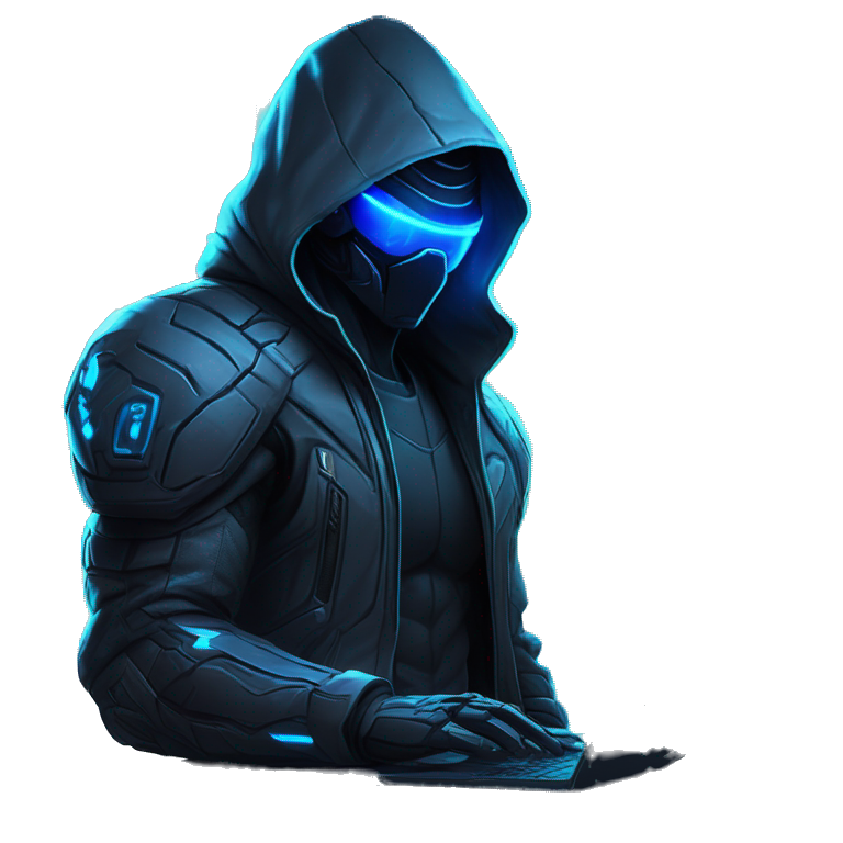 Hacker behind his laptop with this style : crysis Cyberpunk Valorant neon glowing bright blue character blue black hooded assassin themed character emoji