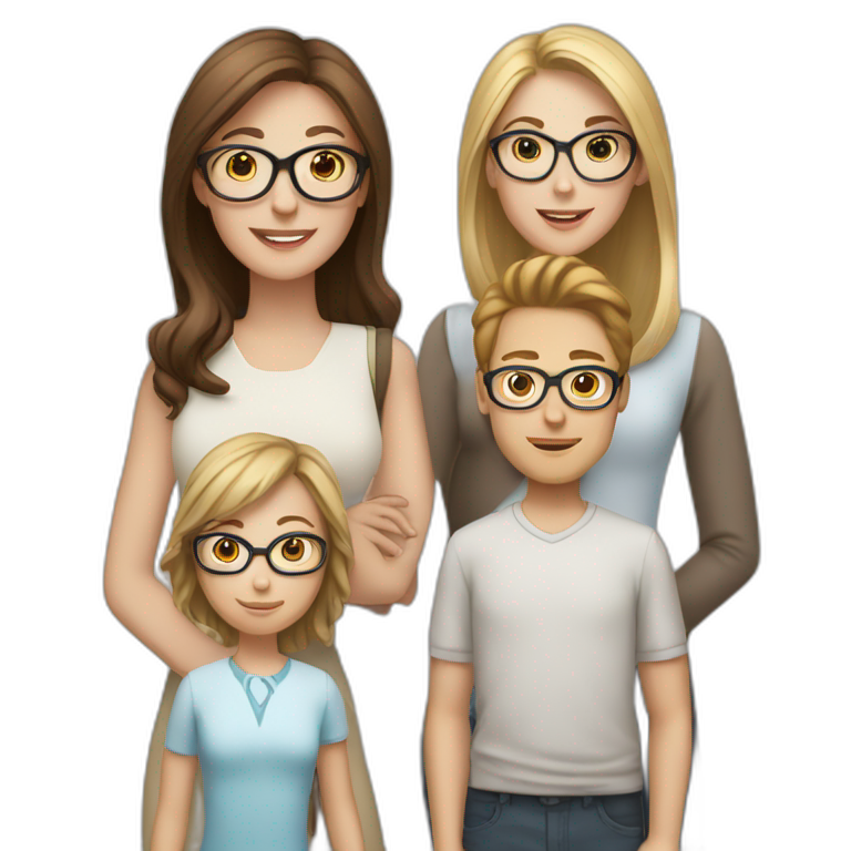 White family of 4, 1 mom with brown hair, 1 boy with Brown hair, 2 girls with glasses and long blond hair emoji