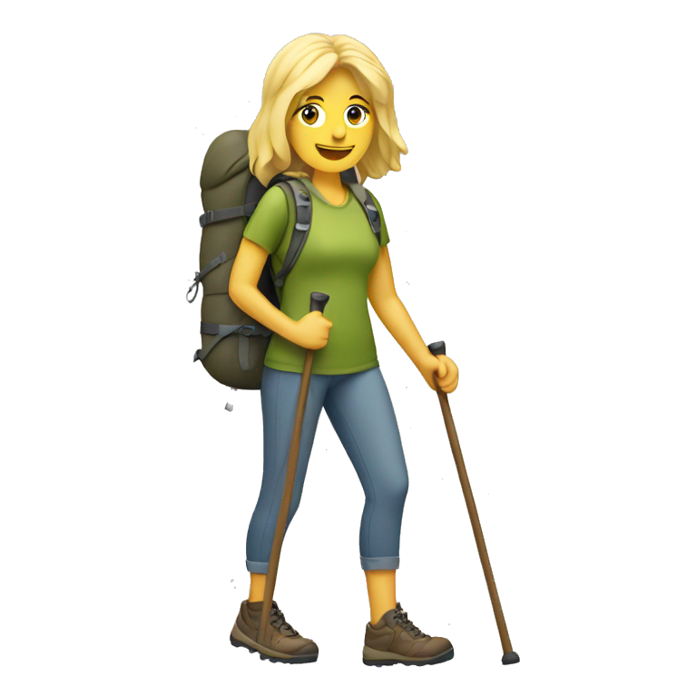 Blond haired woman hiking full body with hiking sticks emoji