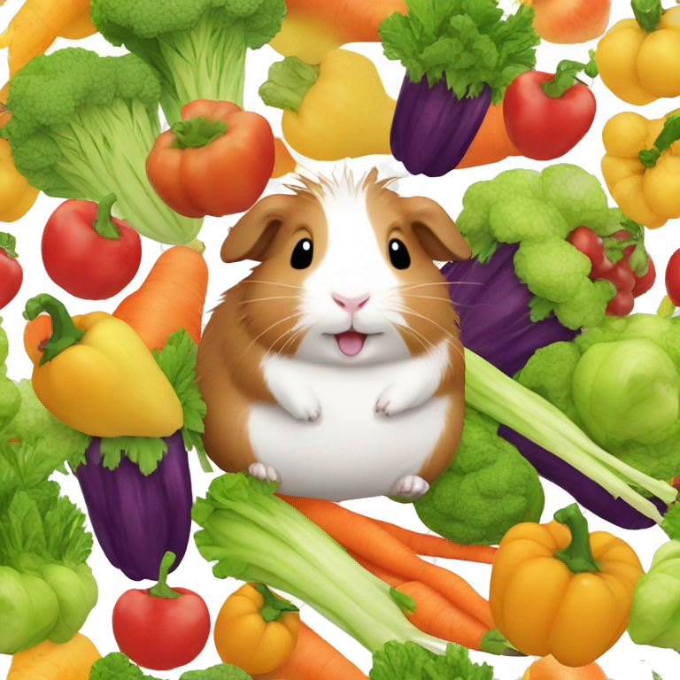 Guineapig playing on a huge pile of veggies and fruit emoji
