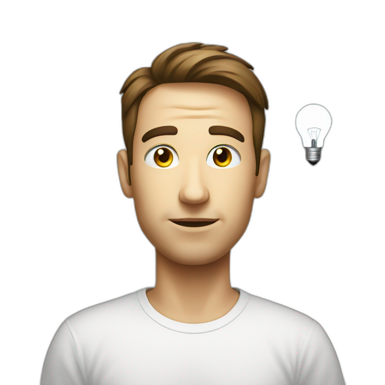 man white tshirt thinking with light bulb emoji
