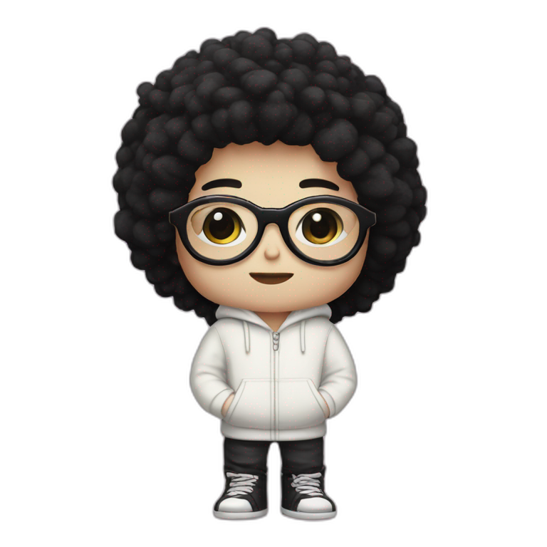 Pale boy, with fluffy black hair, black honeycomb shaped glasses, with a bone hairclip wearing a white hoodie with pink stripes emoji