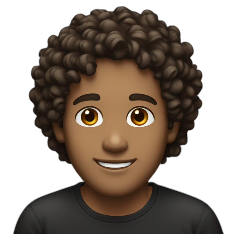 man with short dark brown hair curls on forehead with brown eyes smiling black shirt light skin emoji