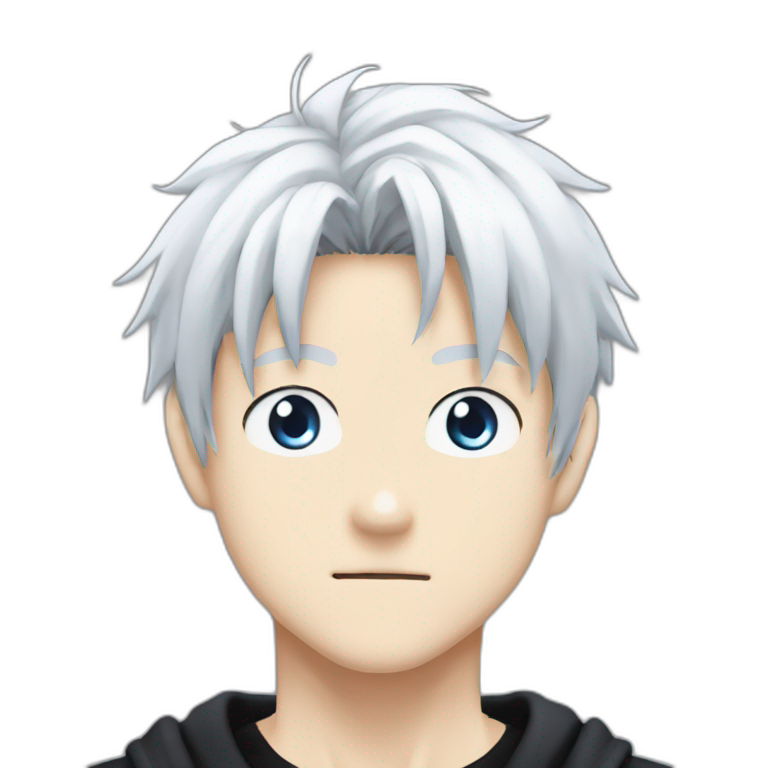 gojo satoru from jujutsu kaisen with white hair, blue eyes, who wear a black tshirt and a white baggy pant emoji