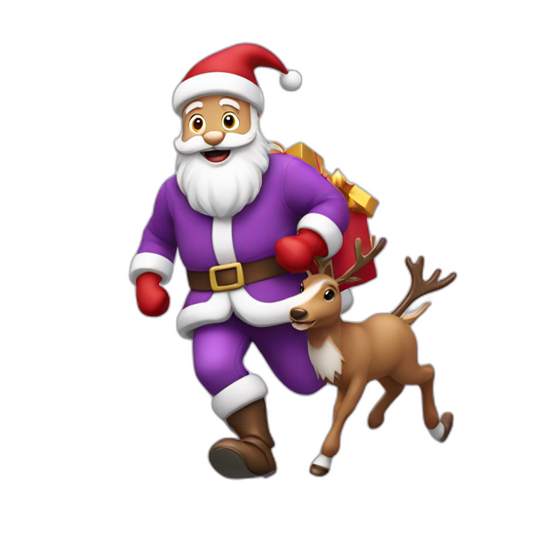 Santa Claus dressed in purple running with the reindeer to deliver the presents emoji