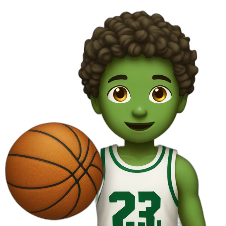 a boy playing basketball with number 3 shirt and the color is green, boy's skin color is white emoji