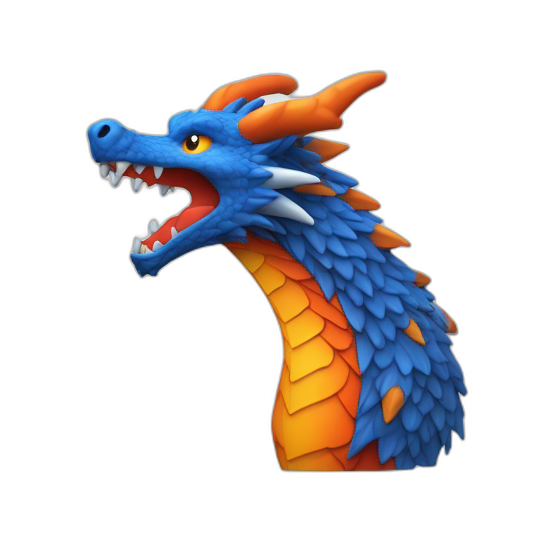 Un dragon mi loup de couleur rouge, bleu, blanc et orange moutardes, avec des corne de bélier orange moutard. Il qui crache du feux emoji