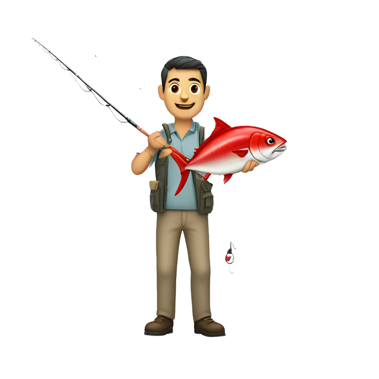 husband holding fishing rod with red fishing line hooked tuna emoji