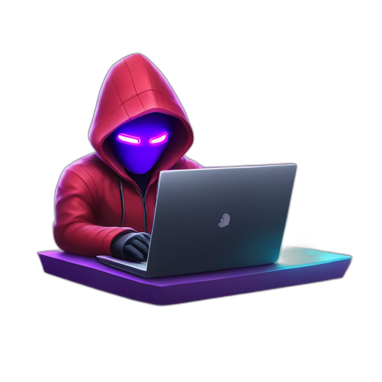 developer behind his laptop with this style : Crytek Crysis Video game neon glowing bright purple character red black hooded hacker themed character emoji