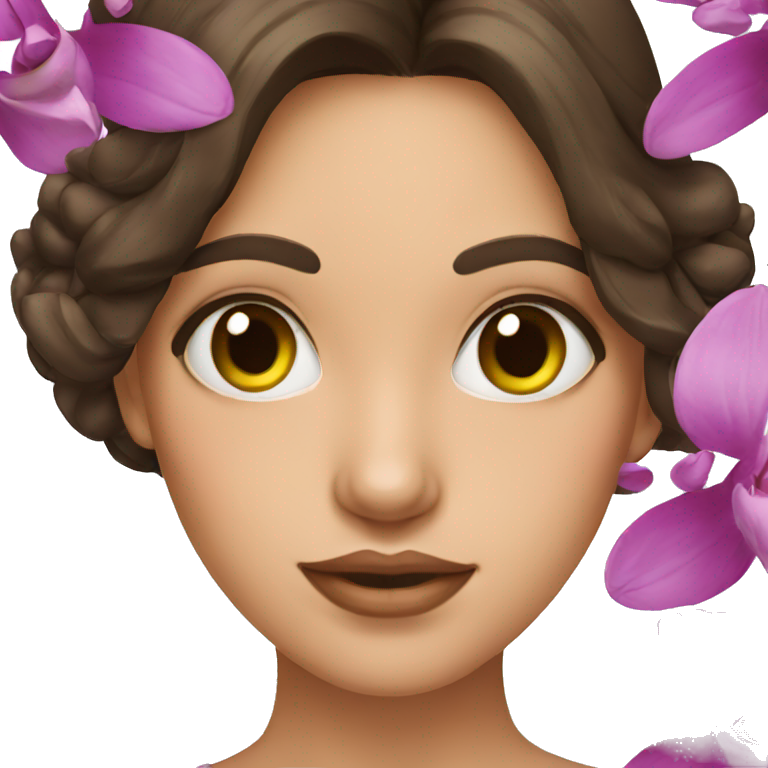 Brunette girl with orchids on her eyes emoji