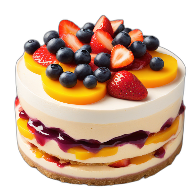 No bake cheesecake topped with 3 jams strawberry , blueberry and mango  emoji