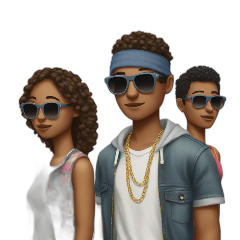 three cool teenagers wearing sunglasses, wearing hipop cloth emoji