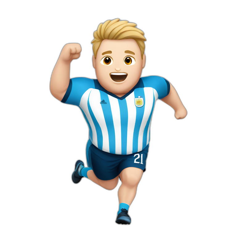 Short hair, obese white man jumping. argentina team uniform.  emoji