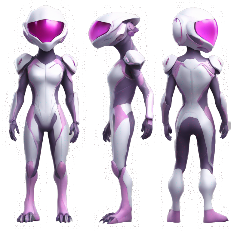 White Lizard-Reptile-Raptor-Alien-Genesect-Mewtwo-Fakémon, with pink eyes, with a futuristic visor-helmet, wearing a techwear-suit, Full Body emoji