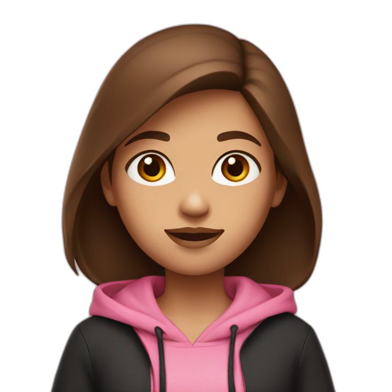 A girl with middle brown hair and brown eyes who wearing black hoodie and a pink jeans emoji