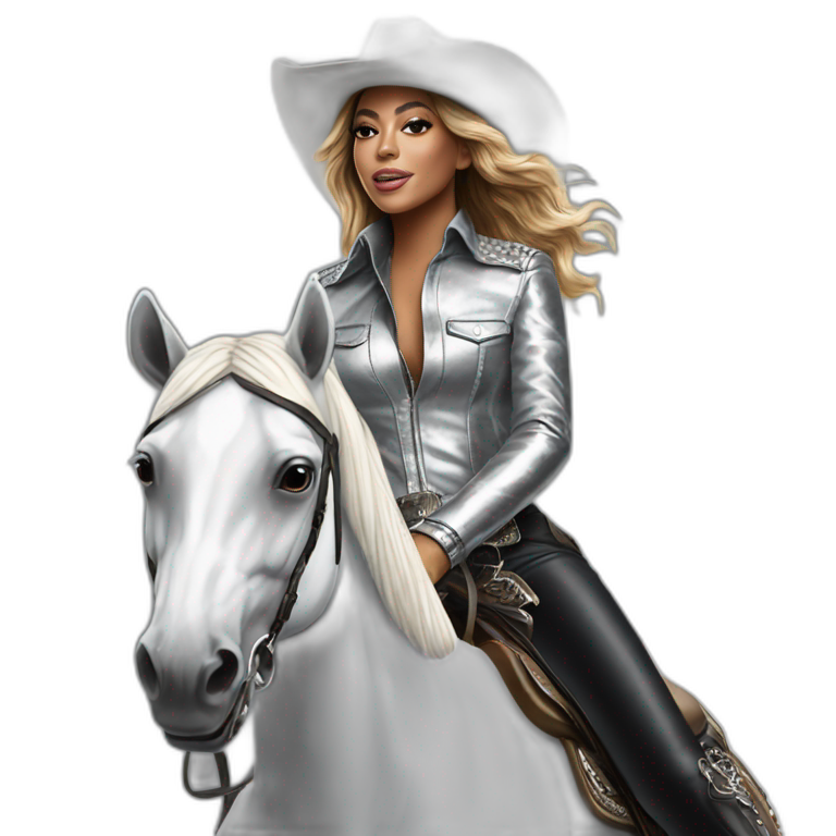 Beyoncé wear in silver cowboy  riding a silver mirror horse emoji