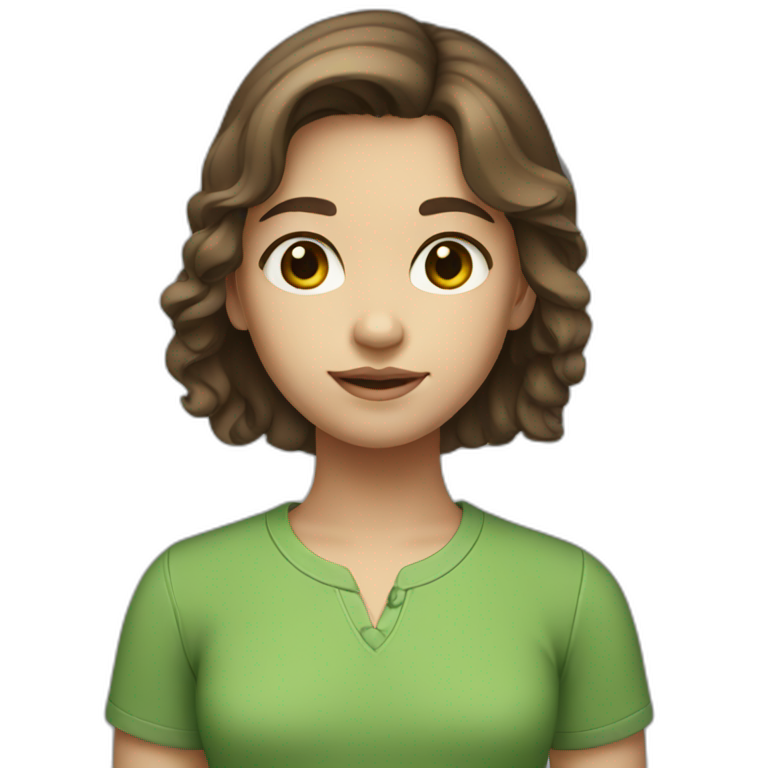 A young girl with white skin, brown hair, brown eyes, and a green shirt  emoji