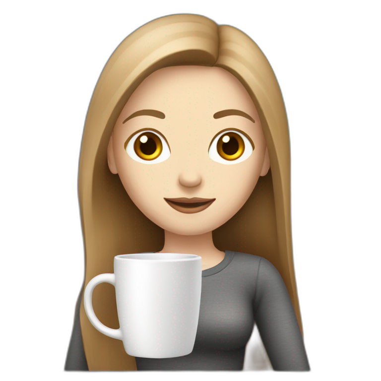 woman with pale skin and brown long straight hair holding a laptop and a coffee mug emoji