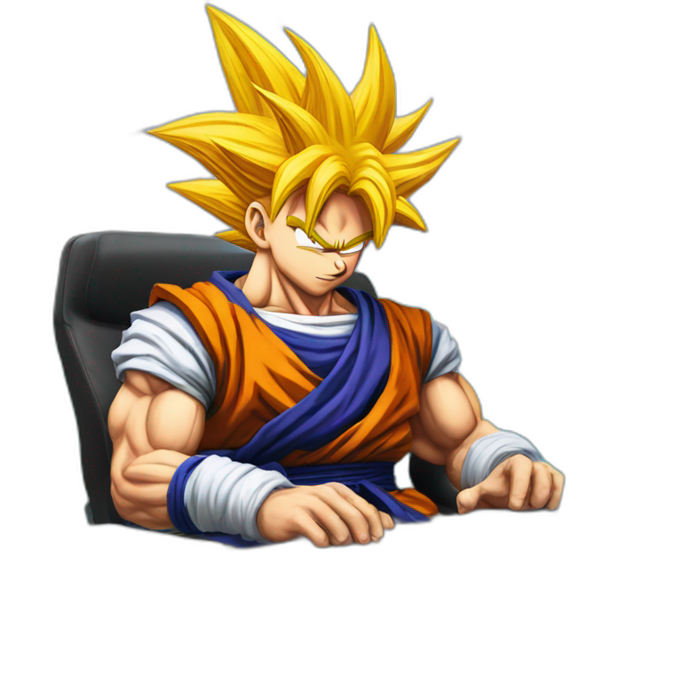 Dragonball goku sitting on his desk coding with the Rockies mountain in the background emoji