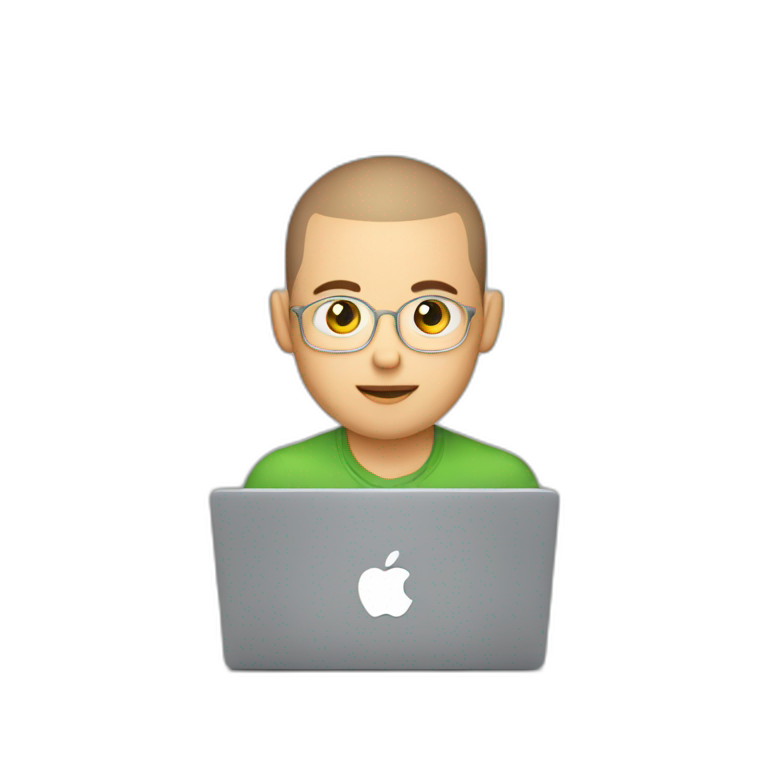 young software engineer buzz cut hair in front of laptop, apple-style emoji