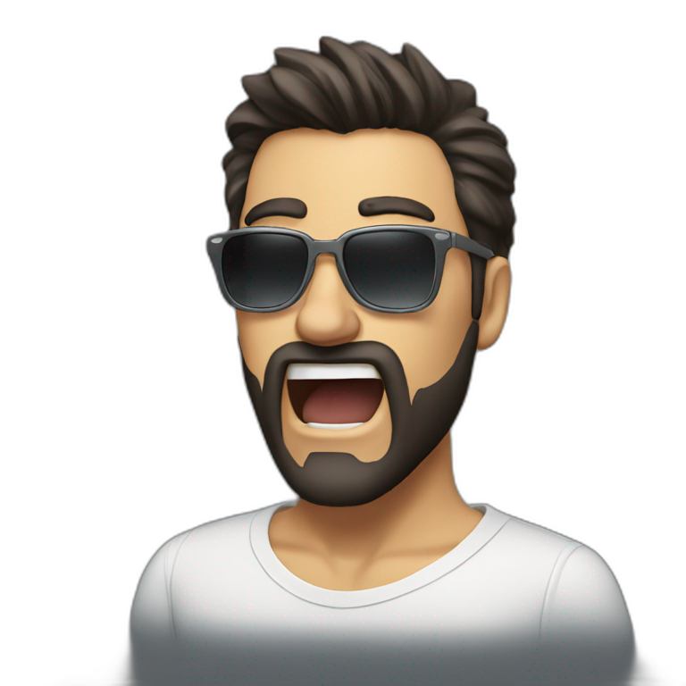 man with dark hair and white highlights, a beard and sunglasses, yelling emoji