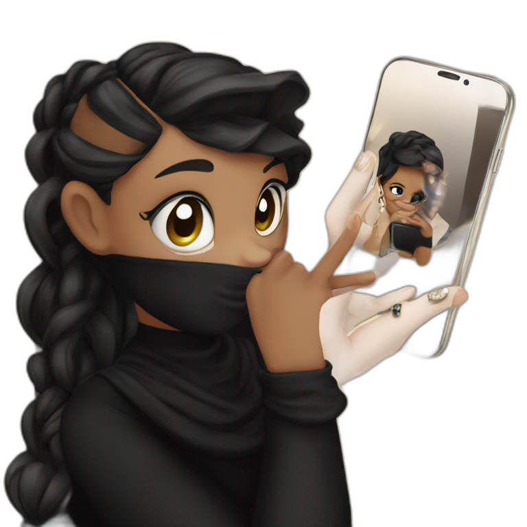 girl with black hair holding phone emoji