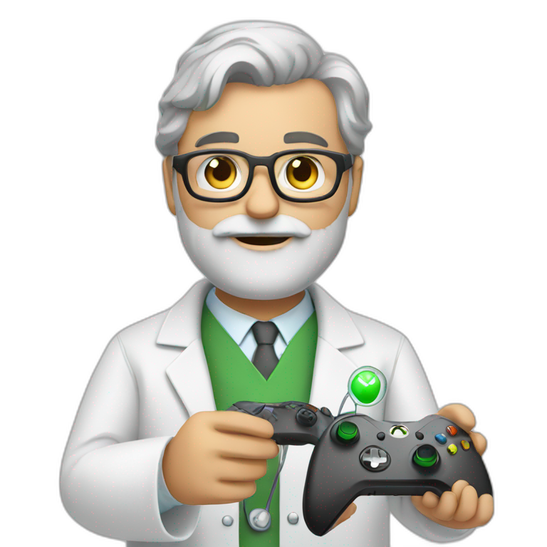 Grey beard scientist in lab coat with Xbox controller emoji