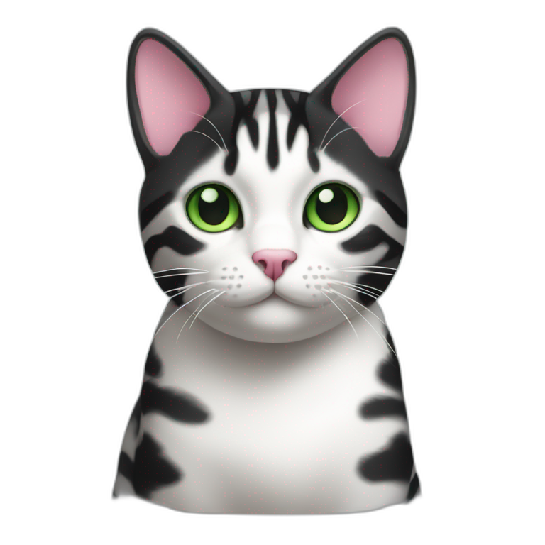 Black and white tabby cat with green eyes and pink nose emoji