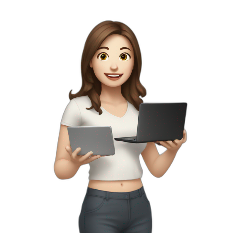 woman with brown hair and pale skin juggling with coffee cups and mini laptops emoji