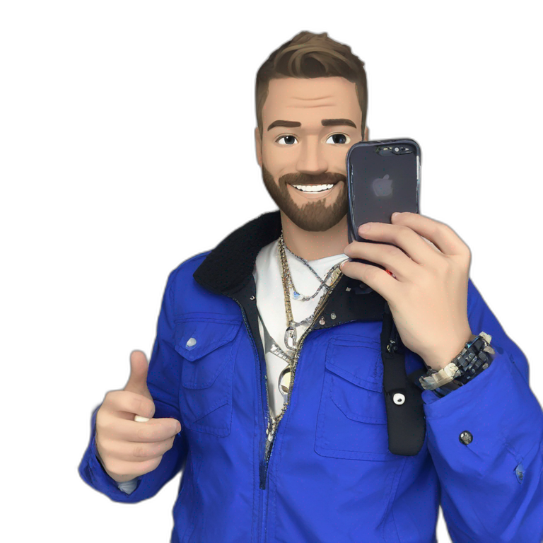bearded boy holding phone selfie emoji