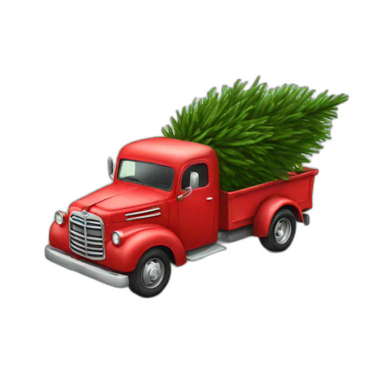 Little red truck hauling a Christmastree emoji
