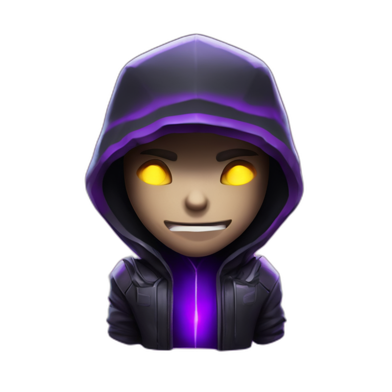 tools with this style : Crytek Crysis Video game neon glowing bright purple character purlple black hooded hacker themed character emoji