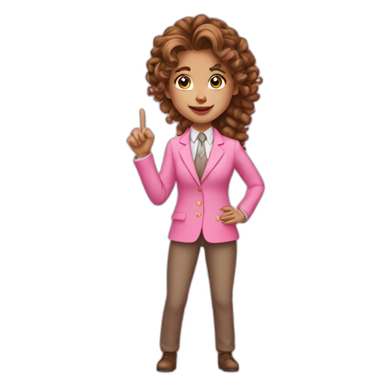 long brown curly pony tail girl wearing pink suit pointing emoji