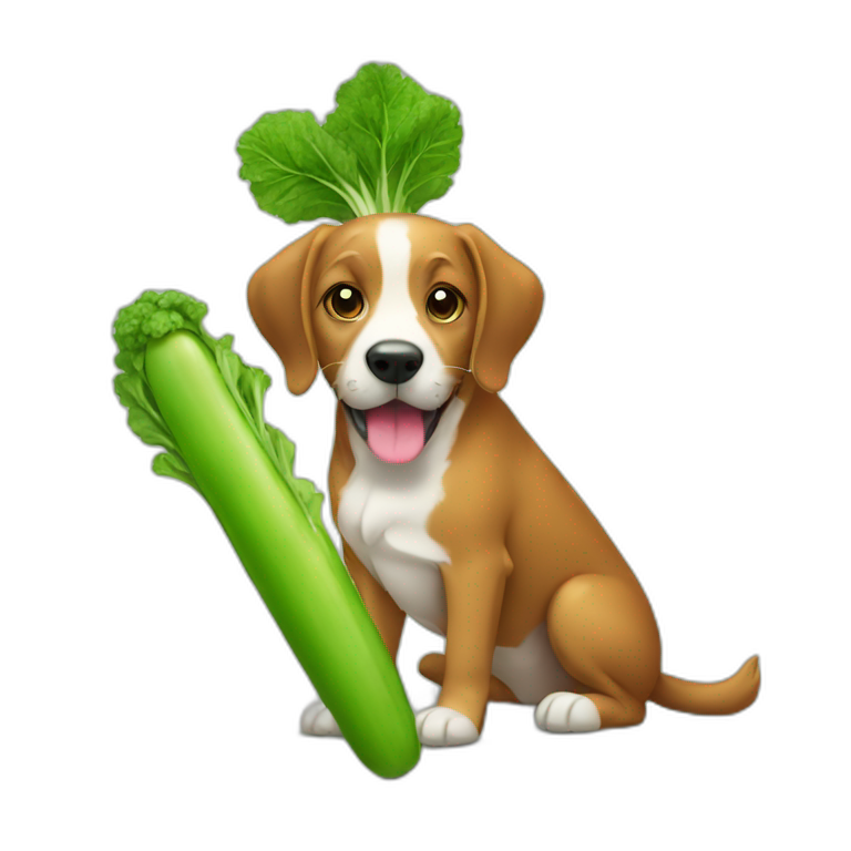 a dog eating a giant green carrot emoji