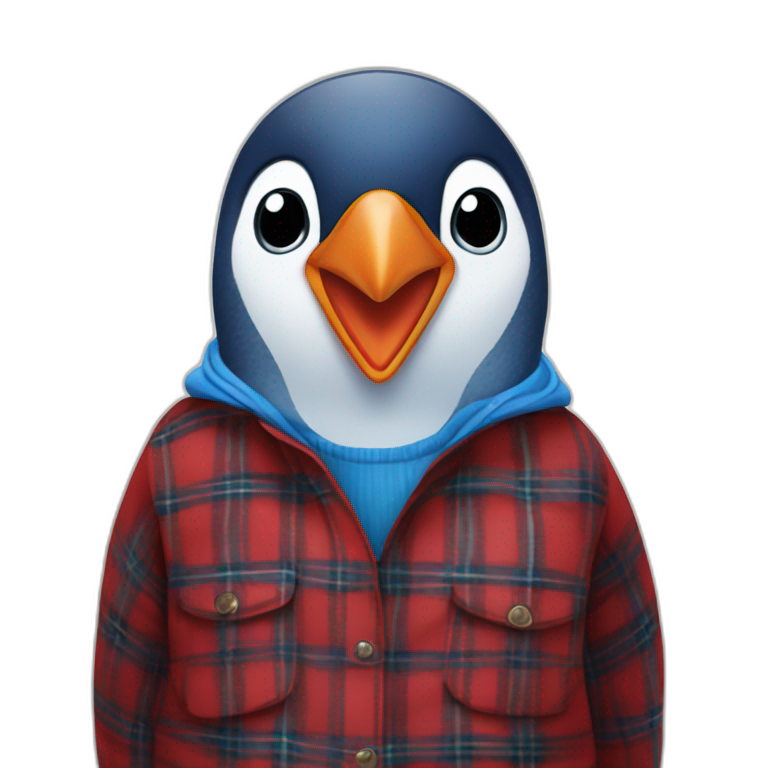Blue penguin in a red tartan buttoned shirt emoji