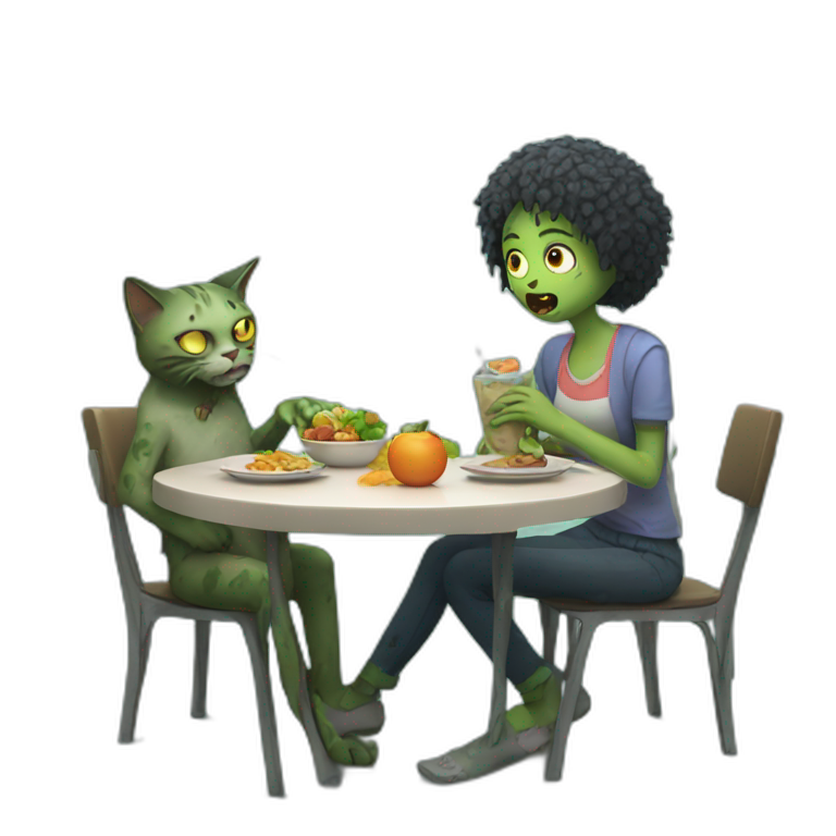 a zombie having a lunch with a cat emoji