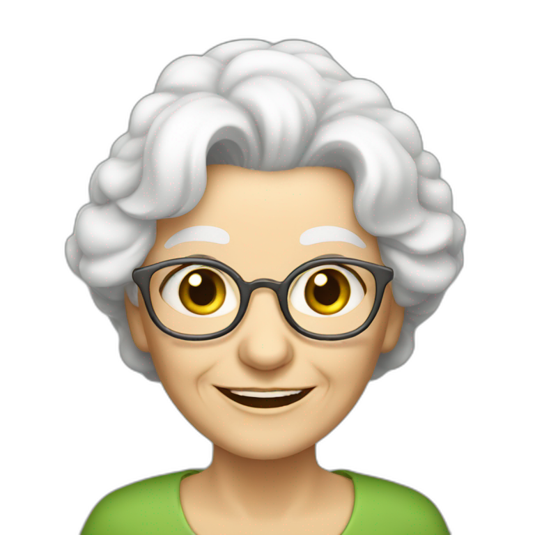 old woman grandma with white hair, white skin, green eyes, smiling emoji