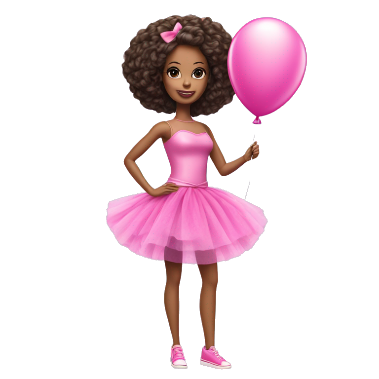 Barbie doll wearing a pink tutu dress full body image holding a balloon and wearing a party hat emoji AI Emoji Generator