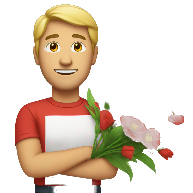 white man have red teeshirt and have a flowers emoji