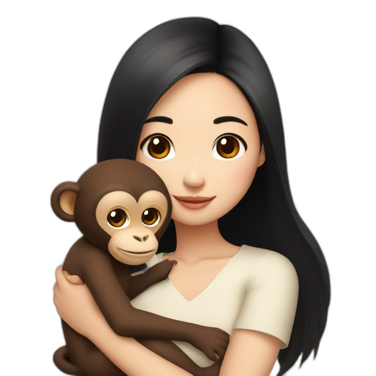 Asian girl with brown eyes and black hair and cute top cuddling a brown lovely monkey emoji