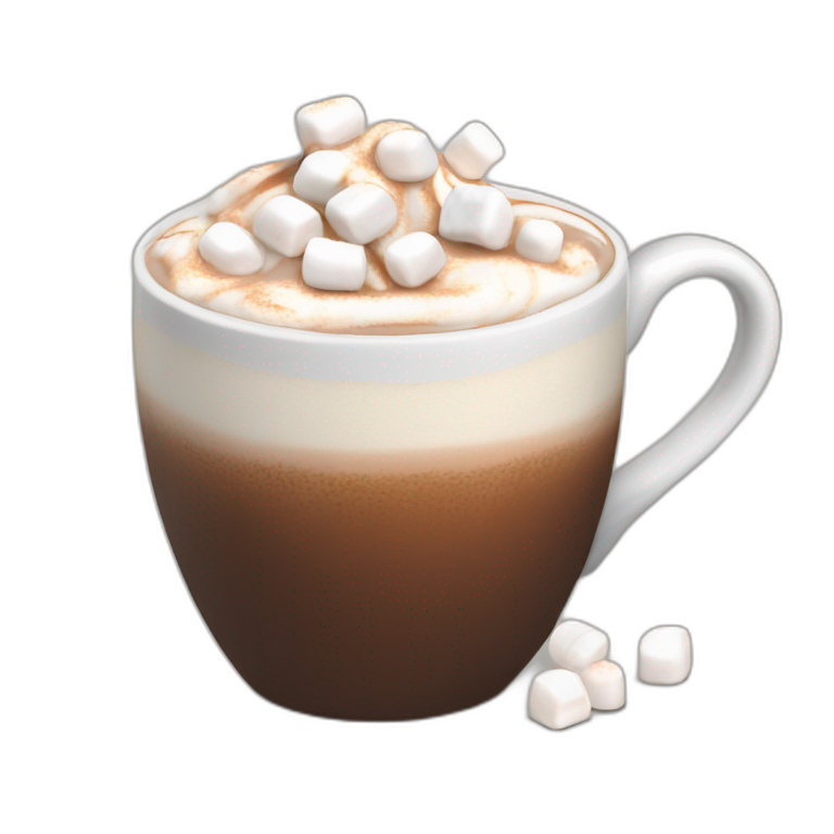 white mug of hot chocolate with mini marshmallows and whipped cream emoji