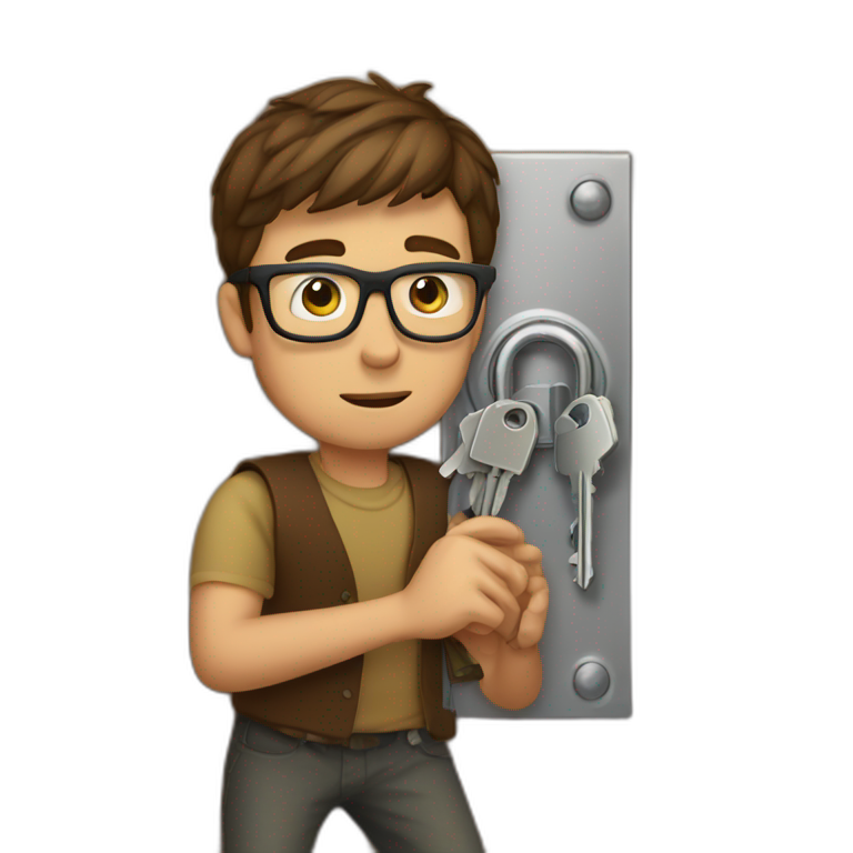brown-short-haired man wearing glasses, struggling to fit a key into a wooden door-lock emoji