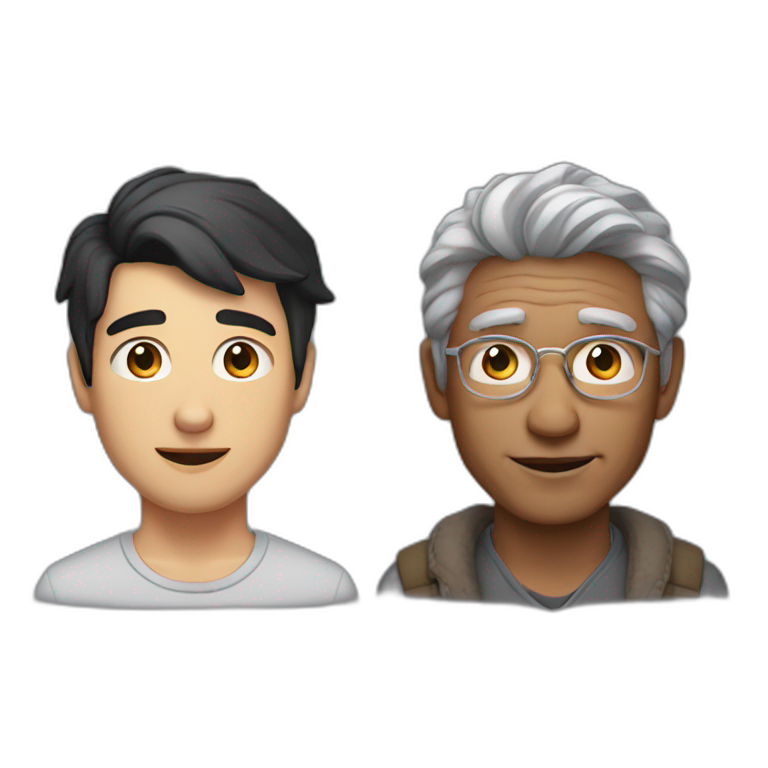 a 23 year old man with dark black hair with a older 65 year old main with grey hair emoji