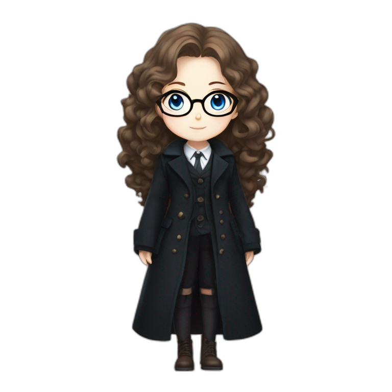 full length anime girl in a black coat, glasses with big blue eyes and white skin and curly brown long hair and aristocratic high cheekbones emoji
