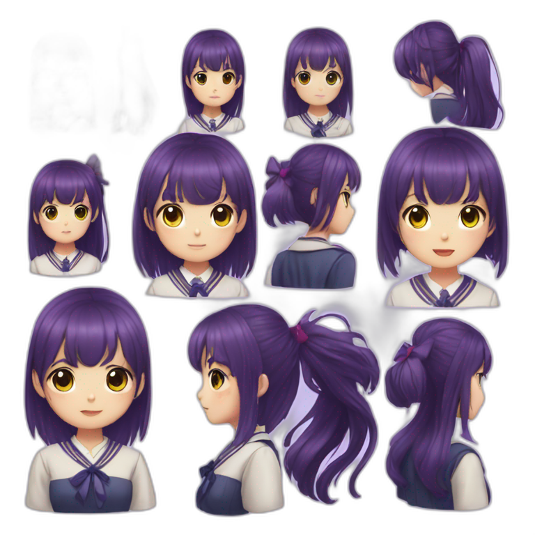 A 15 year old girl with a japanese school uniform, waify purple hair with bangs and a hair bow emoji